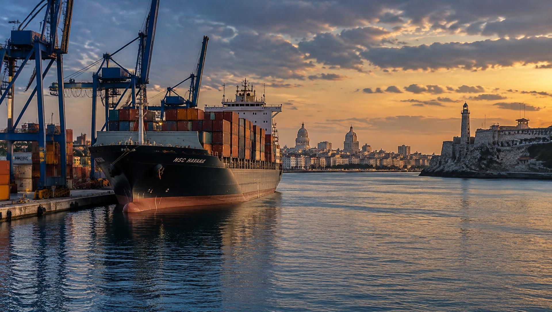 Illustrative view of a container ship and Havana harbor at dusk